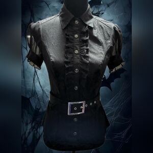 Whimsigoth Ruffled Puff Sleeve Button-Up Blouse w/removeable Belt